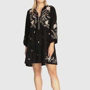 Johnny Was Frankie Tiered Dress Linen Embroidered Floral Sz S EUC